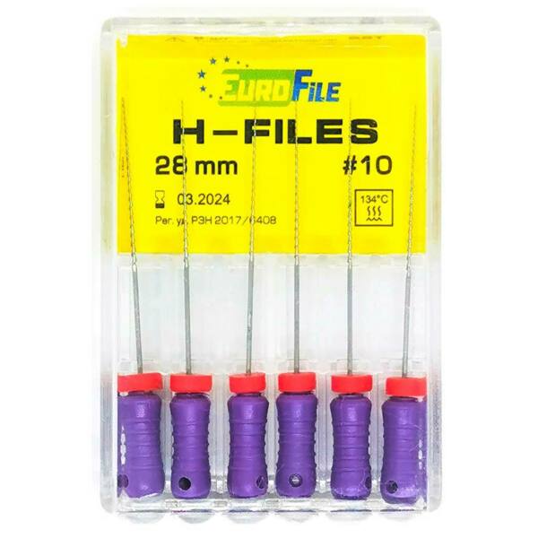  Файлы ручные Eurofile H-Files, для расширения и выравнивания корневого канала, 28 мм, №10/.02, сталь, 6 шт - фото 1