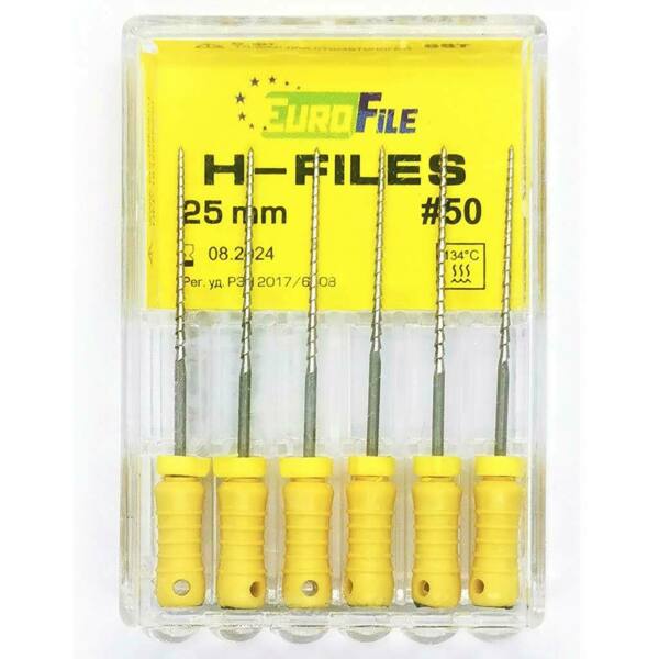  Файлы ручные Eurofile H-Files, для расширения и выравнивания корневого канала, 25 мм, №50/.02, сталь, 6 шт - фото 1